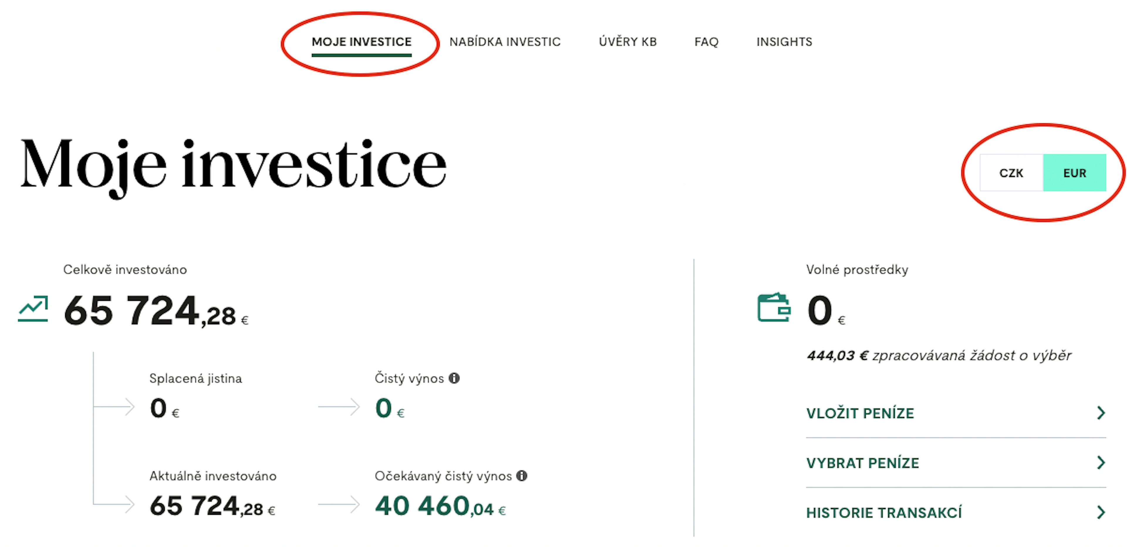 Přepínání mezi měnami investičním dashboardu Upvest
